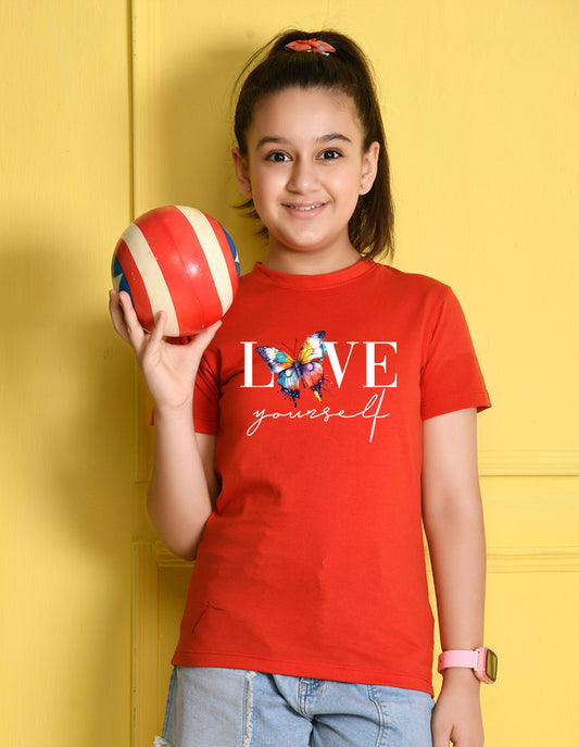 NUSYL Girls Red Text & Butterfly Printed Half sleeve t-Shirt