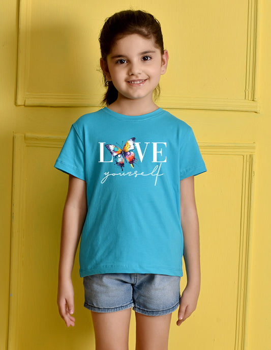 Nusyl Girls Sky Blue Text & Butterfly Printed Cotton Half Sleeve Regular Fit T-Shirts for Girls