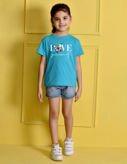 Nusyl Girls Sky Blue Text & Butterfly Printed Cotton Half Sleeve Regular Fit T-Shirts for Girls
