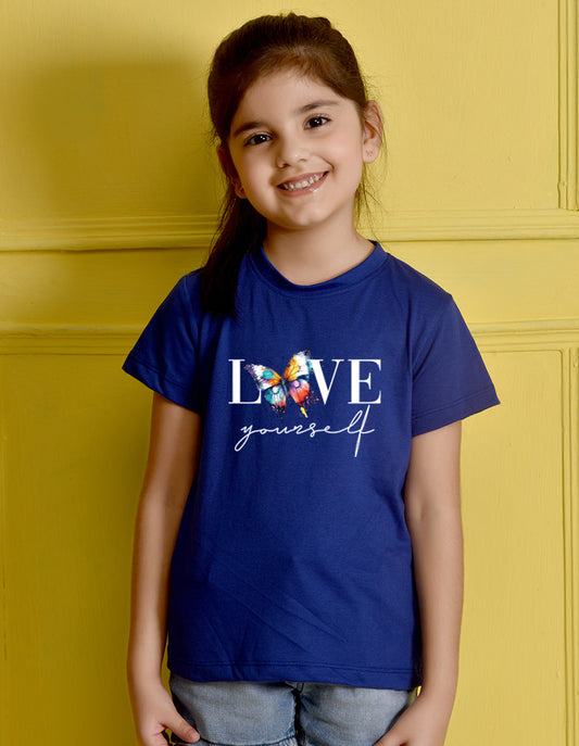 NUSYL Girls Royal Blue Text & Butterfly Printed Half sleeve t-Shirt
