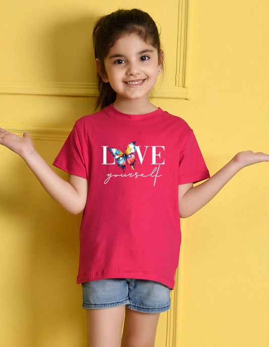Nusyl Girls Hot Pink Text & Butterfly Printed Cotton Half Sleeve Regular Fit T-Shirts for Girls