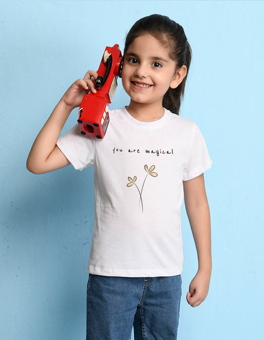 Nusyl Girls White You are Magical Text Printed Cotton Half Sleeve Regular Fit T-Shirts for Girls