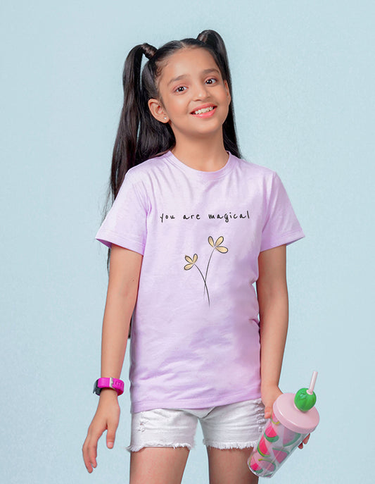 Nusyl Girls Lilac You are Magical Text Printed Cotton Half Sleeve Regular Fit T-Shirts for Girls