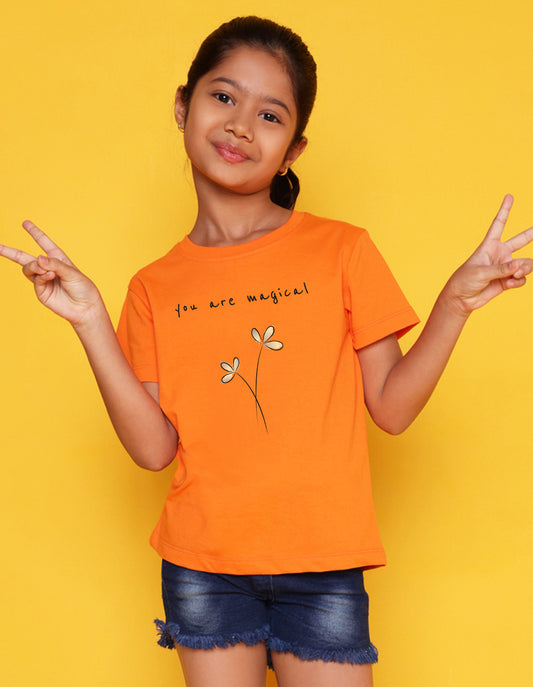 Nusyl Girls Orange You are Magical Text Printed Cotton Half Sleeve Regular Fit T-Shirts for Girls