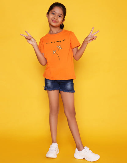 Nusyl Girls Orange You are Magical Text Printed Cotton Half Sleeve Regular Fit T-Shirts for Girls