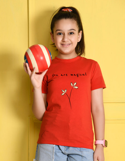 NUSYL Girls Red You are Magical Text Printed Half sleeve t-Shirt