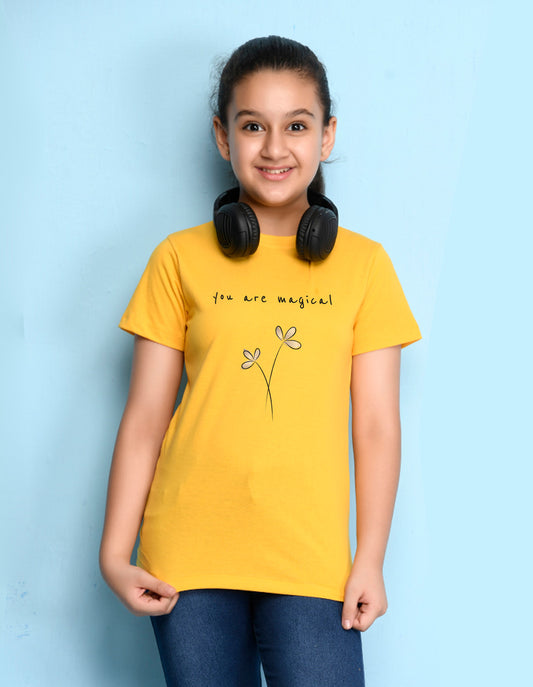 Nusyl Girls Yellow You are Magical Text Printed Cotton Half Sleeve Regular Fit T-Shirts for Girls