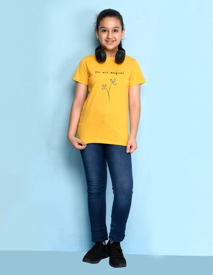 Nusyl Girls Yellow You are Magical Text Printed Cotton Half Sleeve Regular Fit T-Shirts for Girls