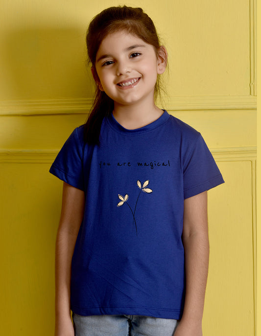 NUSYL Girls Royal Blue You are Magical Text Printed Half sleeve t-Shirt