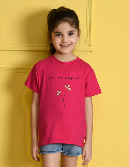 Nusyl Girls Hot Pink You are Magical Text Printed Cotton Half Sleeve Regular Fit T-Shirts for Girls