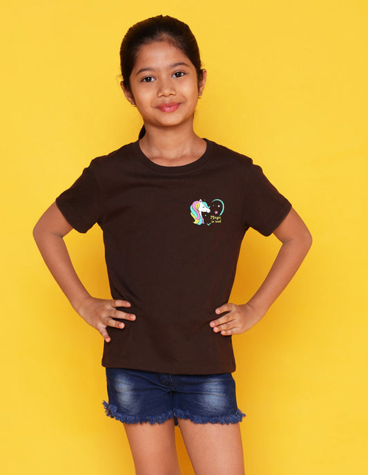 Nusyl Girls Brown Magic is Real Text Printed Cotton Half Sleeve Regular Fit T-Shirts for Girls