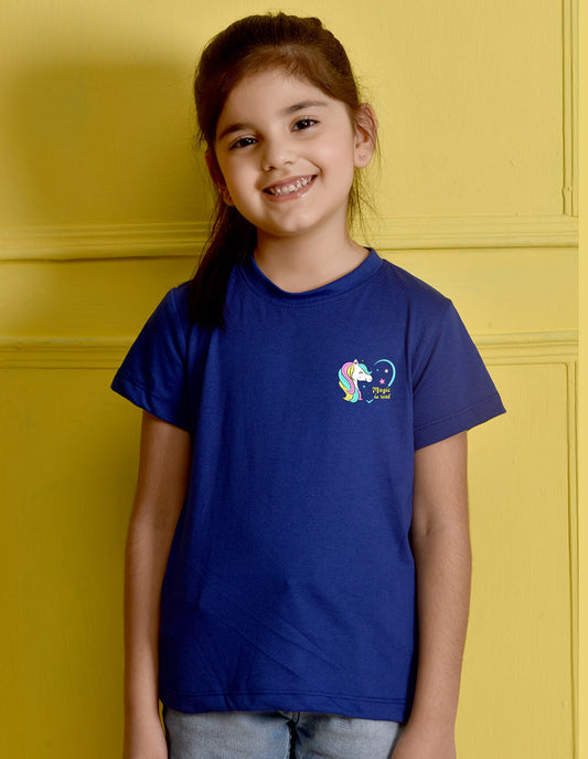 NUSYL Girls Royal Blue Unicorn Text Printed Half sleeve t-Shirt