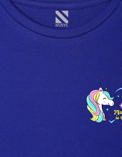 NUSYL Girls Royal Blue Unicorn Text Printed Half sleeve t-Shirt