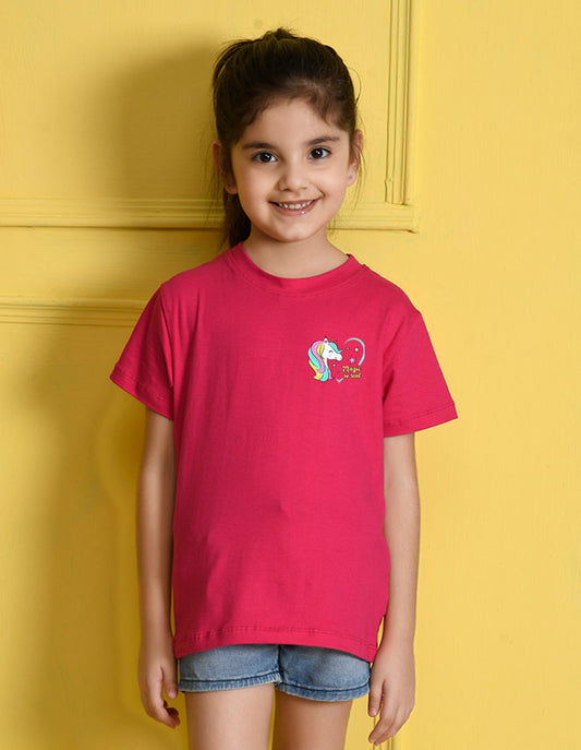 Nusyl Girls Hot Pink Magic is Real Text Printed Cotton Half Sleeve Regular Fit T-Shirts for Girls