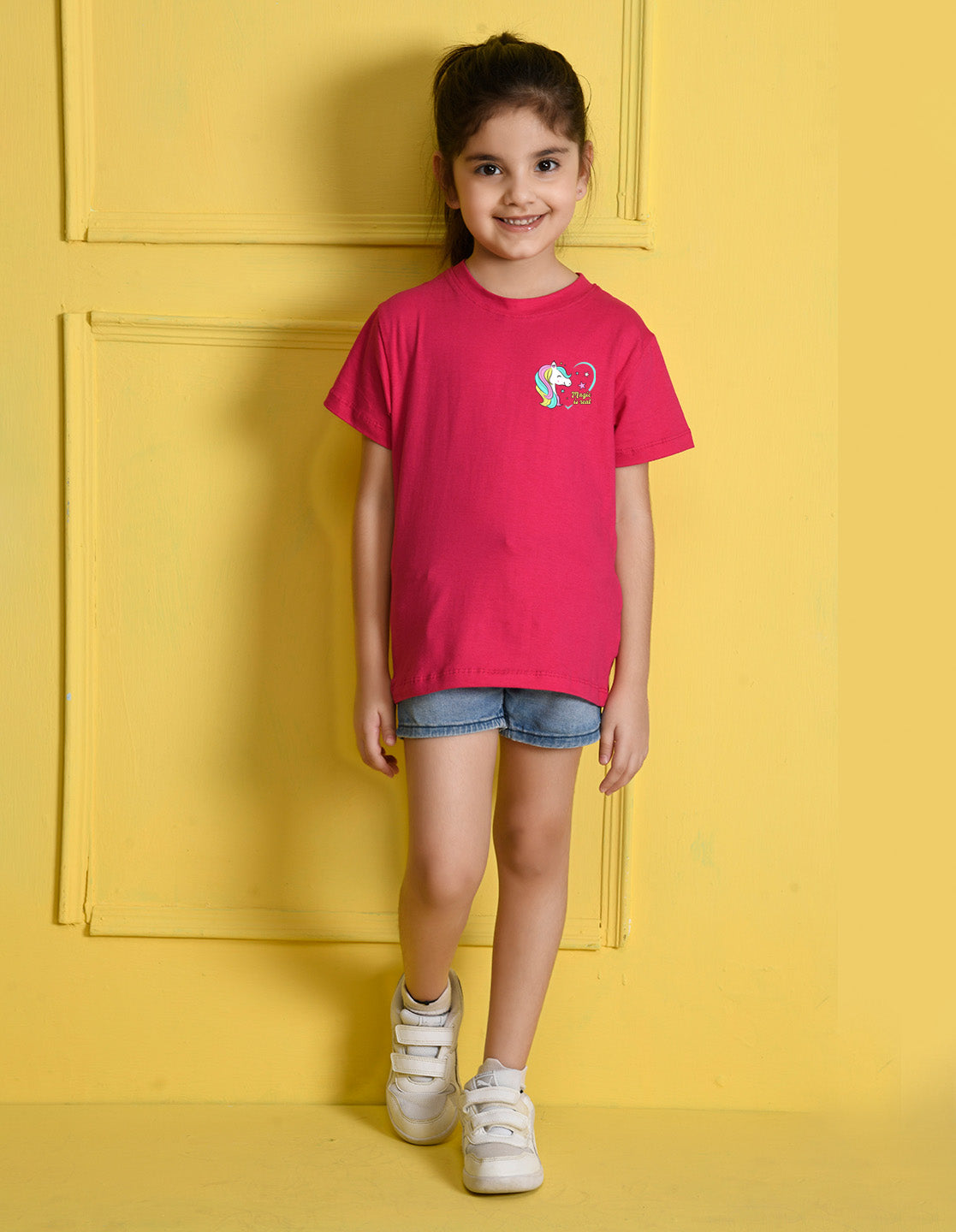 Nusyl Girls Hot Pink Magic is Real Text Printed Cotton Half Sleeve Regular Fit T-Shirts for Girls