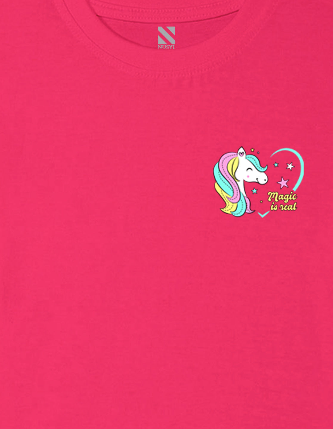 Nusyl Girls Hot Pink Magic is Real Text Printed Cotton Half Sleeve Regular Fit T-Shirts for Girls
