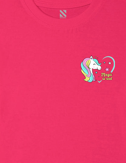 Nusyl Girls Hot Pink Magic is Real Text Printed Cotton Half Sleeve Regular Fit T-Shirts for Girls