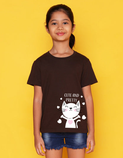 Nusyl Girls Brown Cute And Pretty Printed Cotton Half Sleeve Regular Fit T-Shirts for Girls