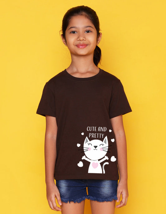 Nusyl Girls Brown Cute And Pretty Printed Cotton Half Sleeve Regular Fit T-Shirts for Girls