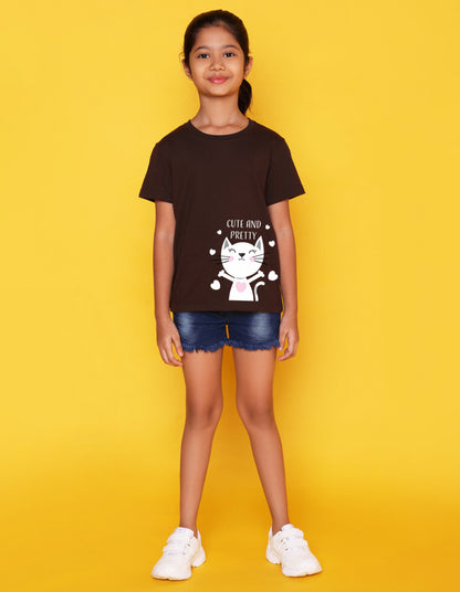 Nusyl Girls Brown Cute And Pretty Printed Cotton Half Sleeve Regular Fit T-Shirts for Girls