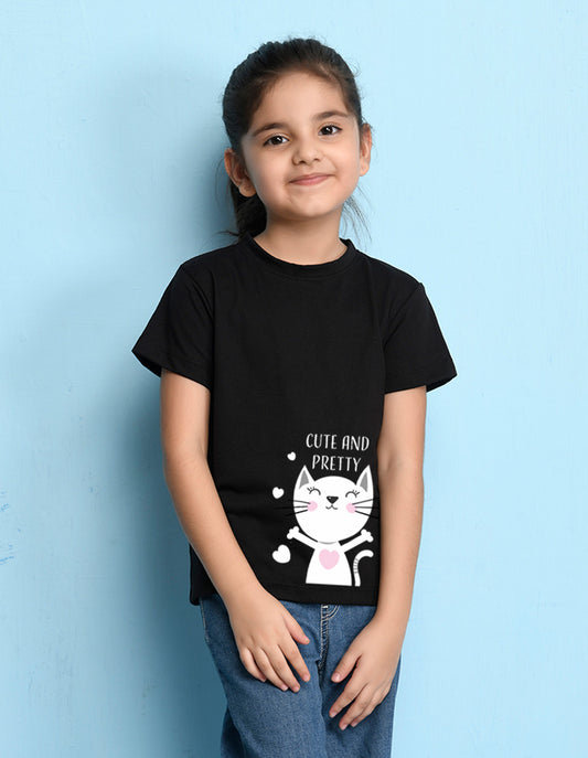 Nusyl Girls Black Cute And Pretty Printed Cotton Half Sleeve Regular Fit T-Shirts for Girls