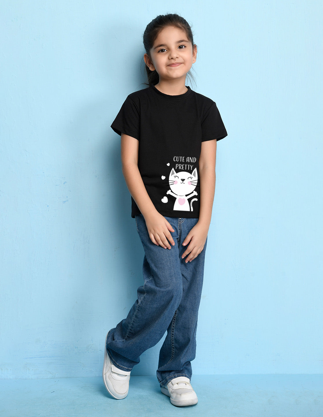 Nusyl Girls Black Cute And Pretty Printed Cotton Half Sleeve Regular Fit T-Shirts for Girls