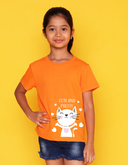 Nusyl Girls Orange Cute And Pretty Printed Cotton Half Sleeve Regular Fit T-Shirts for Girls