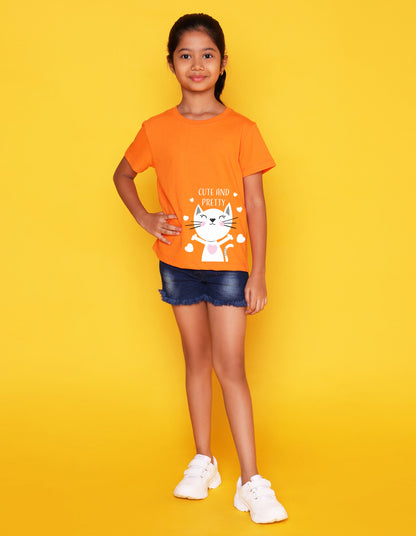Nusyl Girls Orange Cute And Pretty Printed Cotton Half Sleeve Regular Fit T-Shirts for Girls