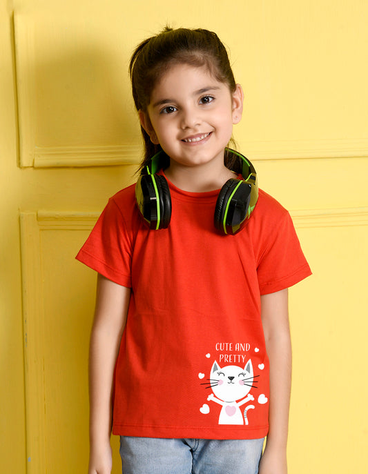NUSYL Girls Red Cute and Pretty Printed Half sleeve t-Shirt