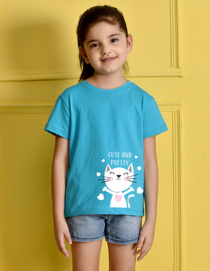 Nusyl Girls Sky Blue Cute And Pretty Printed Cotton Half Sleeve Regular Fit T-Shirts for Girls
