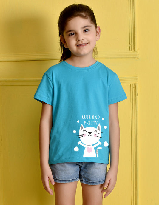 Nusyl Girls Sky Blue Cute And Pretty Printed Cotton Half Sleeve Regular Fit T-Shirts for Girls
