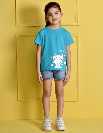Nusyl Girls Sky Blue Cute And Pretty Printed Cotton Half Sleeve Regular Fit T-Shirts for Girls