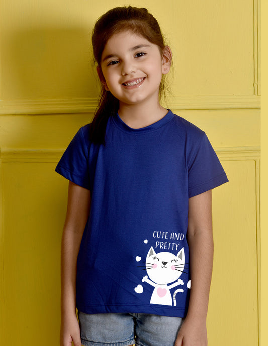 NUSYL Girls Royal Blue Cute and Pretty Printed Half sleeve t-Shirt