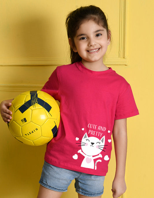 Nusyl Girls Hot Pink Cute And Pretty Printed Cotton Half Sleeve Regular Fit T-Shirts for Girls