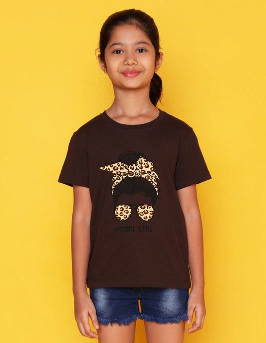 Nusyl Girls Brown Cool Girls Text Printed Cotton Half Sleeve Regular Fit T-Shirts for Girls
