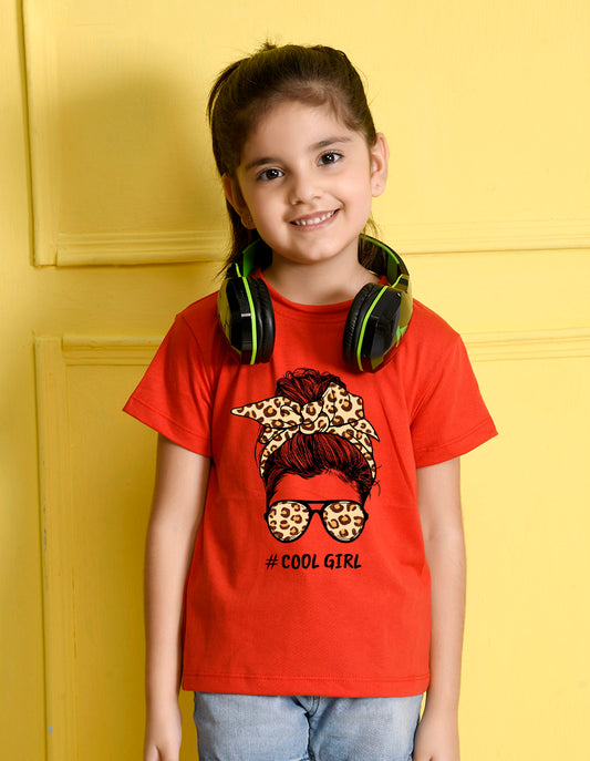 NUSYL Girls Red Cool Girls Text Printed Half sleeve t-Shirt