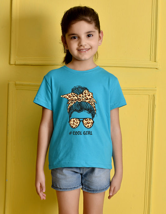 Nusyl Girls Sky Blue Cool Girls Text Printed Cotton Half Sleeve Regular Fit T-Shirts for Girls