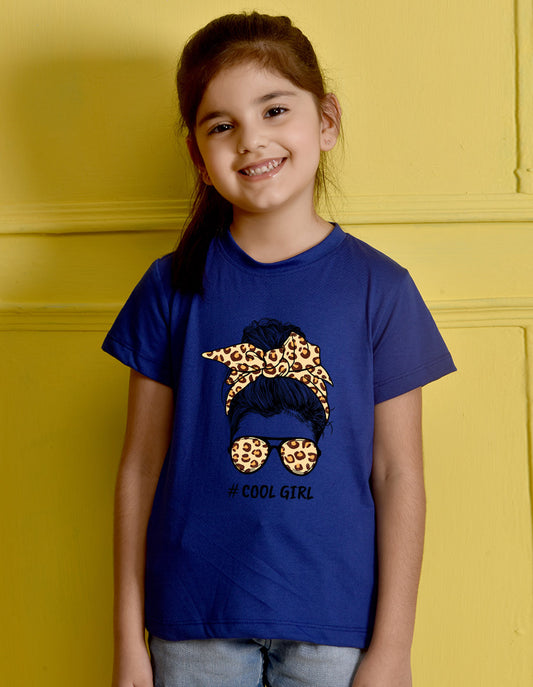NUSYL Girls Royal Blue Cool Girls Text Printed Half sleeve t-Shirt