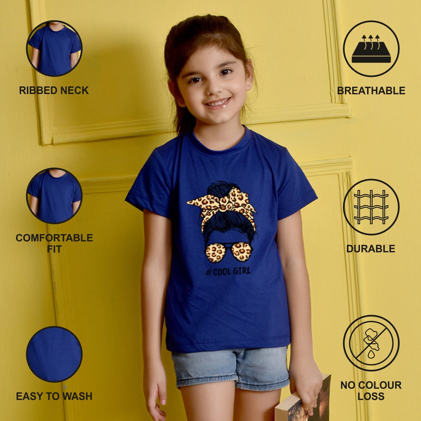 NUSYL Girls Royal Blue Cool Girls Text Printed Half sleeve t-Shirt