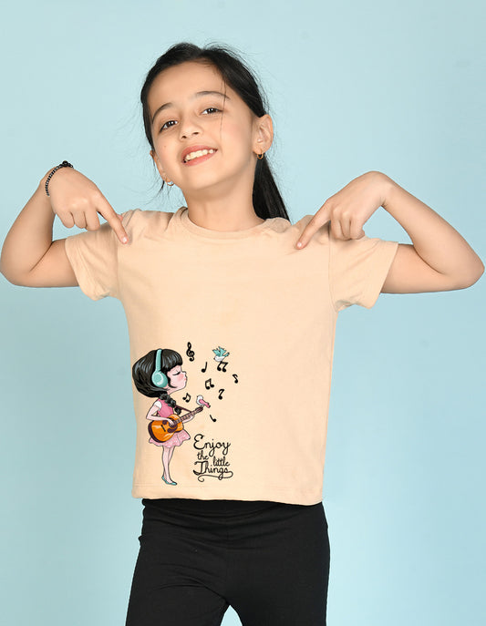Nusyl Girl's Beige Enjoy The Little Things Text Printed Regular Fit T-Shirt