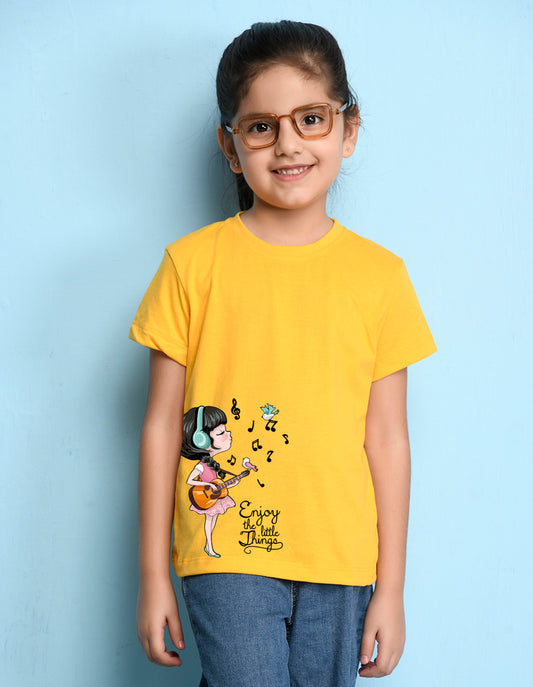 Nusyl Girl's Yellow Enjoy The Little Things Text Printed Regular Fit T-Shirt