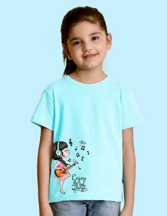 Nusyl Girl's Sky Blue Enjoy The Little Things Text Printed Regular Fit T-Shirt