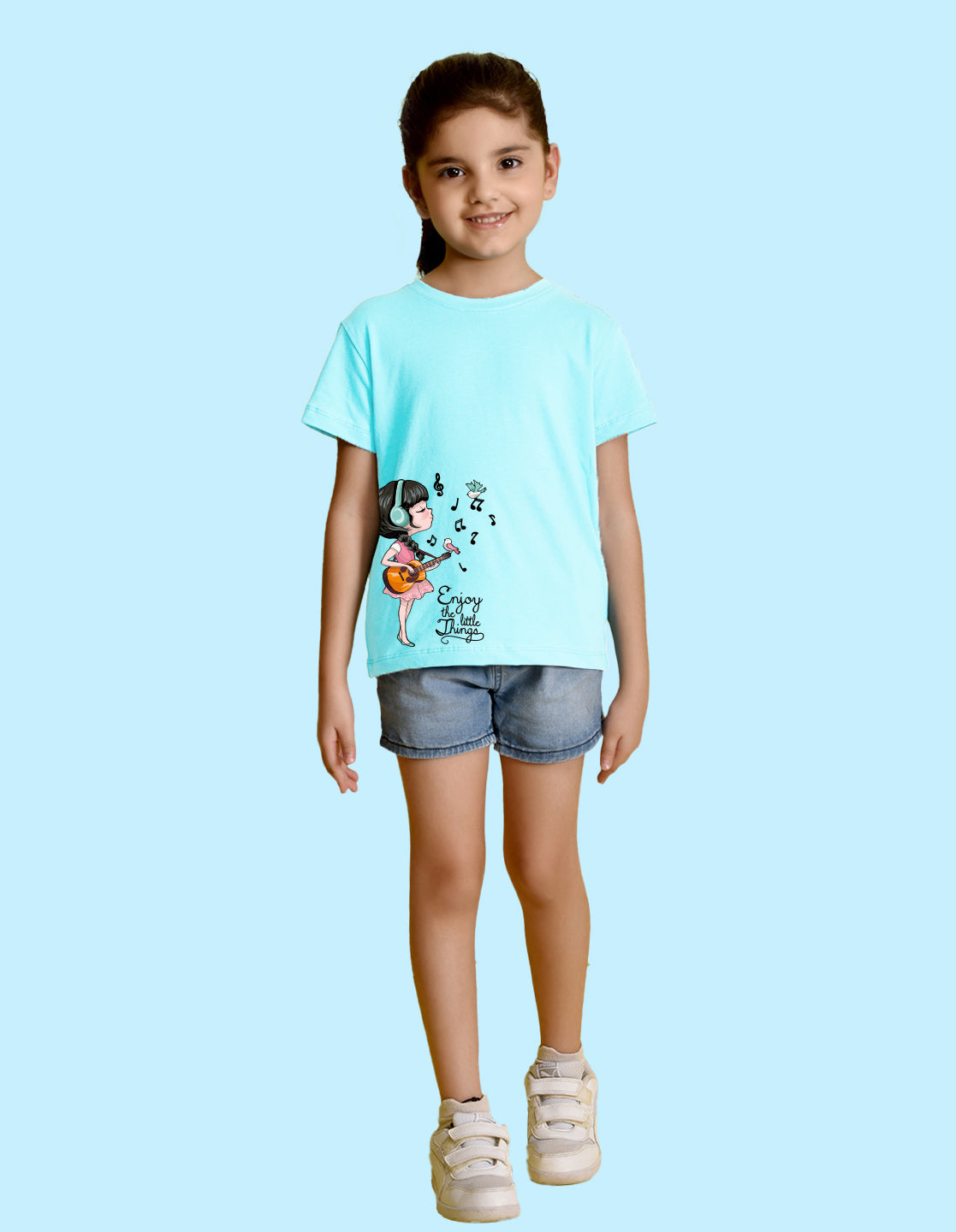 Nusyl Girl's Sky Blue Enjoy The Little Things Text Printed Regular Fit T-Shirt