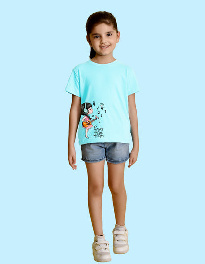 Nusyl Girl's Sky Blue Enjoy The Little Things Text Printed Regular Fit T-Shirt