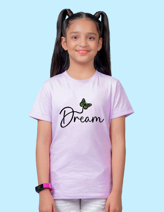 Nusyl Girl's Lilac Butterfly & Dream Text Printed Regular Fit T-Shirt
