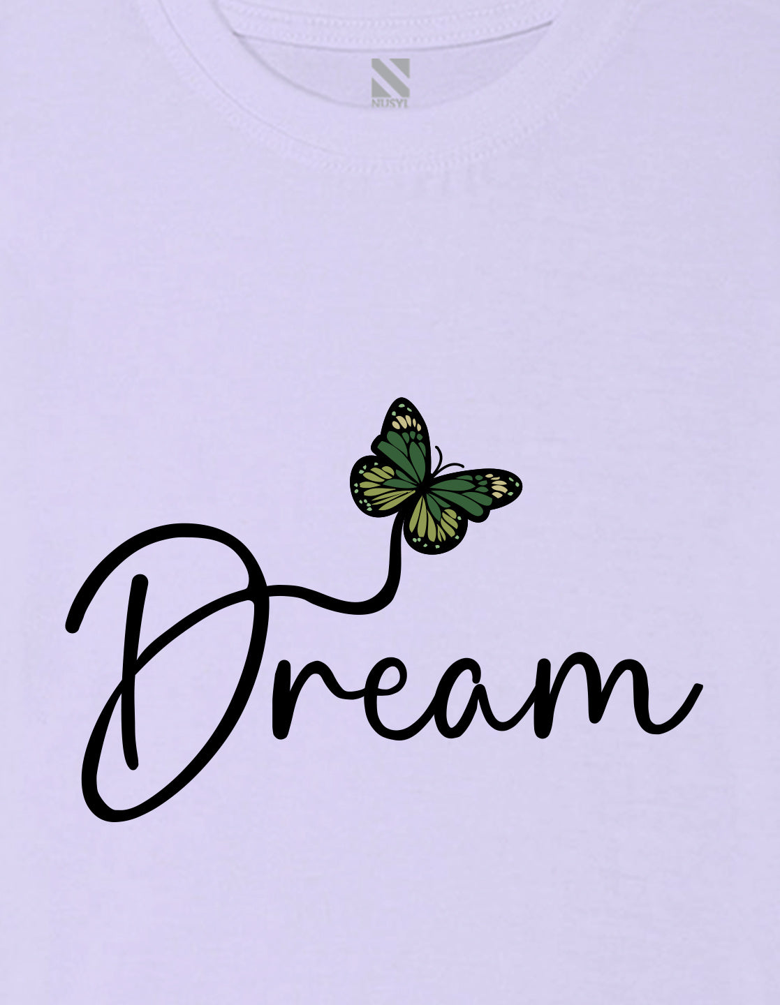 Nusyl Girl's Lilac Butterfly & Dream Text Printed Regular Fit T-Shirt
