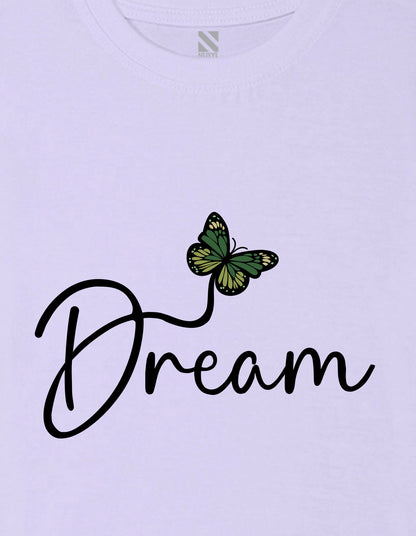 Nusyl Girl's Lilac Butterfly & Dream Text Printed Regular Fit T-Shirt