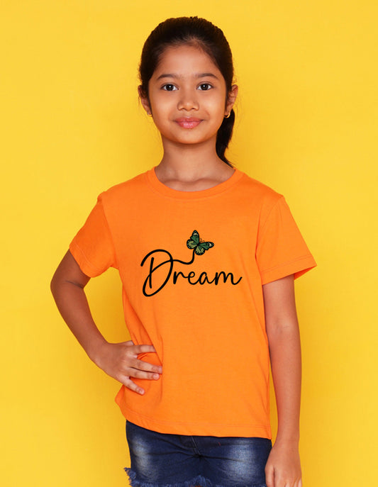 Nusyl Girl's Orange Butterfly & Dream Text Printed Regular Fit T-Shirt
