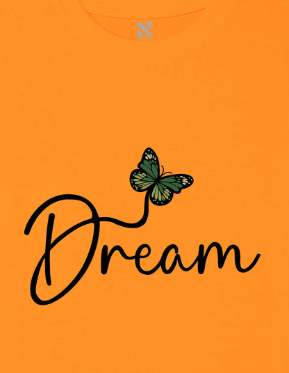 Nusyl Girl's Orange Butterfly & Dream Text Printed Regular Fit T-Shirt