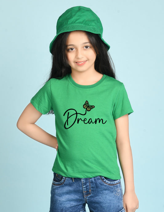 Nusyl Girl's Green Butterfly & Dream Text Printed Regular Fit T-Shirt